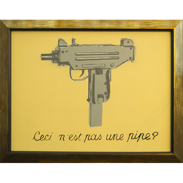Pintura que hace referencia a la violencia y una crítica al uso de las armas a través de una obra de Magritte